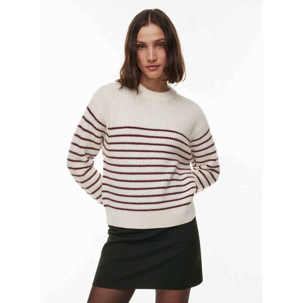 Wilfred Aritzia Maria Striped Shaker Stitch Crew Neck Sweater Cream Burgundy M